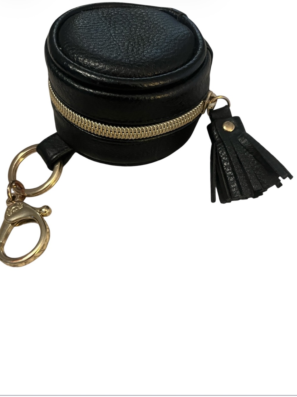 Black Faux Leather Tassel Keychain Earbud Pouch Bag Charm Gold tone Hardware